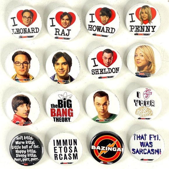 Big Bang Theory 16 Button Lot Sheldon Bazinga Kitty Howard Penny Raj Leonard Ata - Picture 1 of 10
